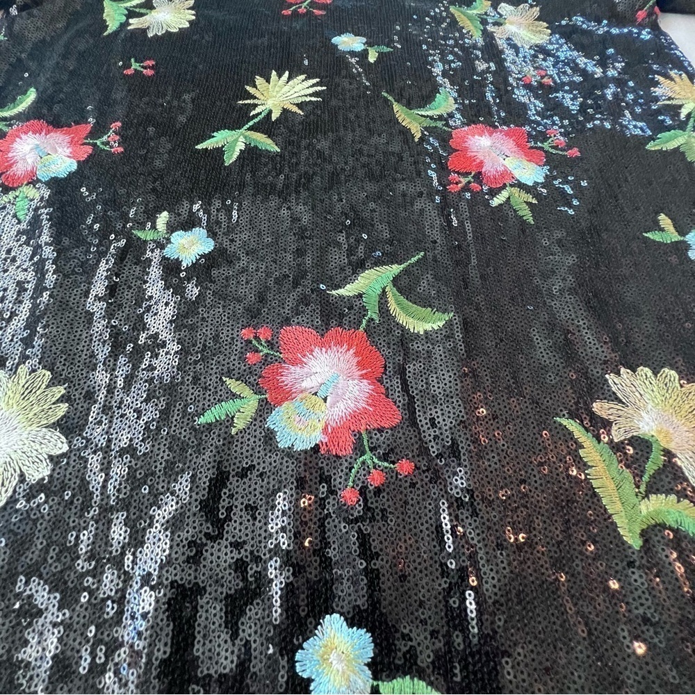 ZARA BLACK SEQUINED SHIFT MINI DRESS MULTICOLORED FLORAL EMBROIDERY WOMEN SIZE M - Picture 10 of 13